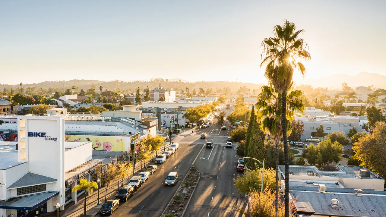 Aerial view of historic downtown Escondido at sunset