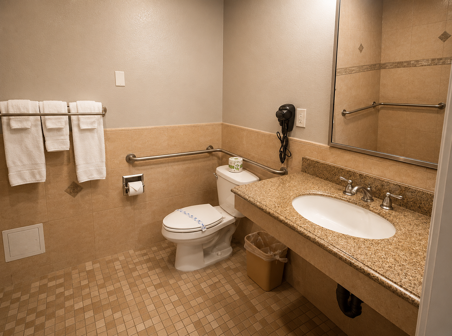 Accessible bathroom with roll-in shower