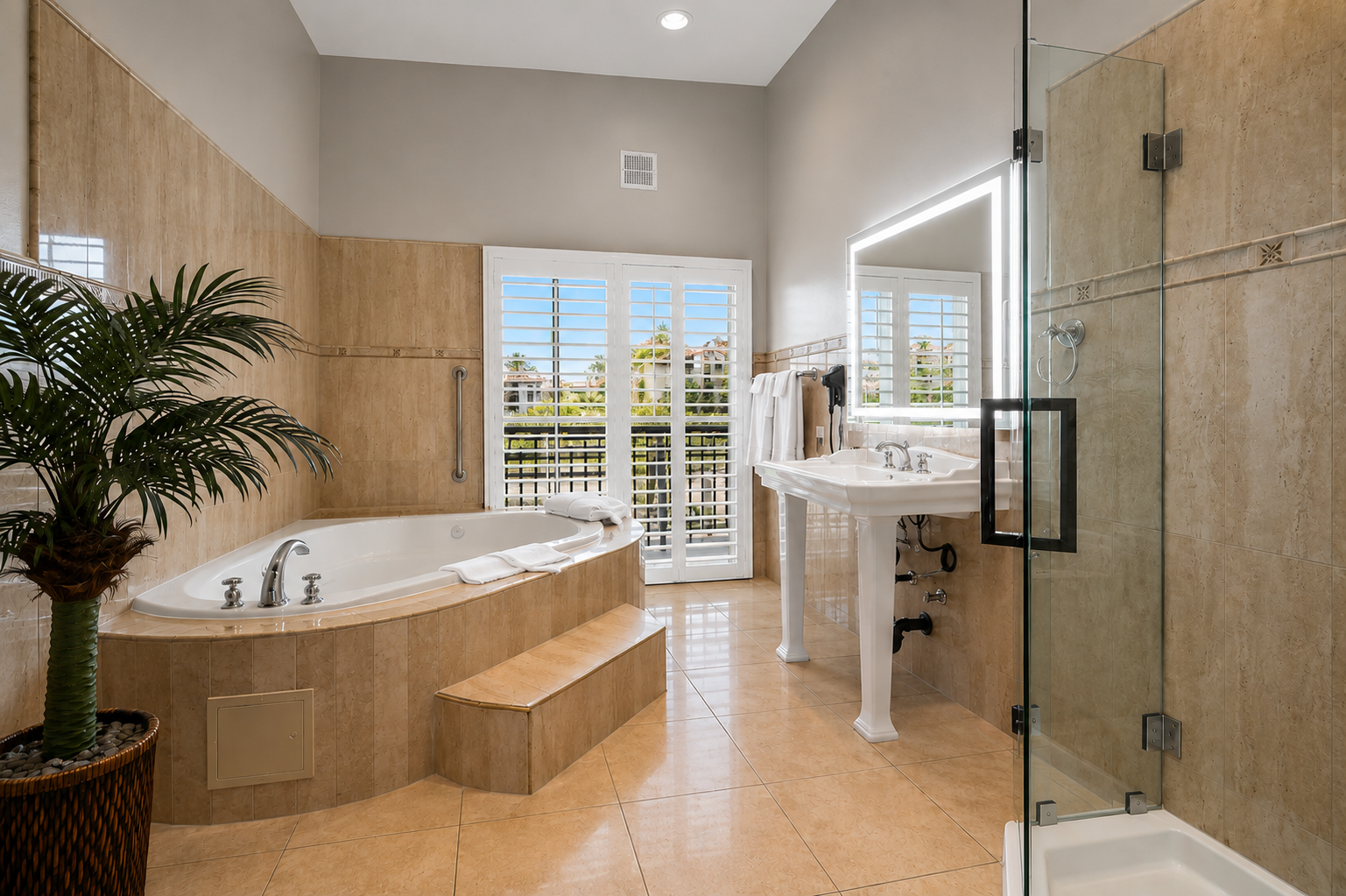 Spa-style bathroom with jetted corner Jacuzzi tub, palm plant, and shutter window
