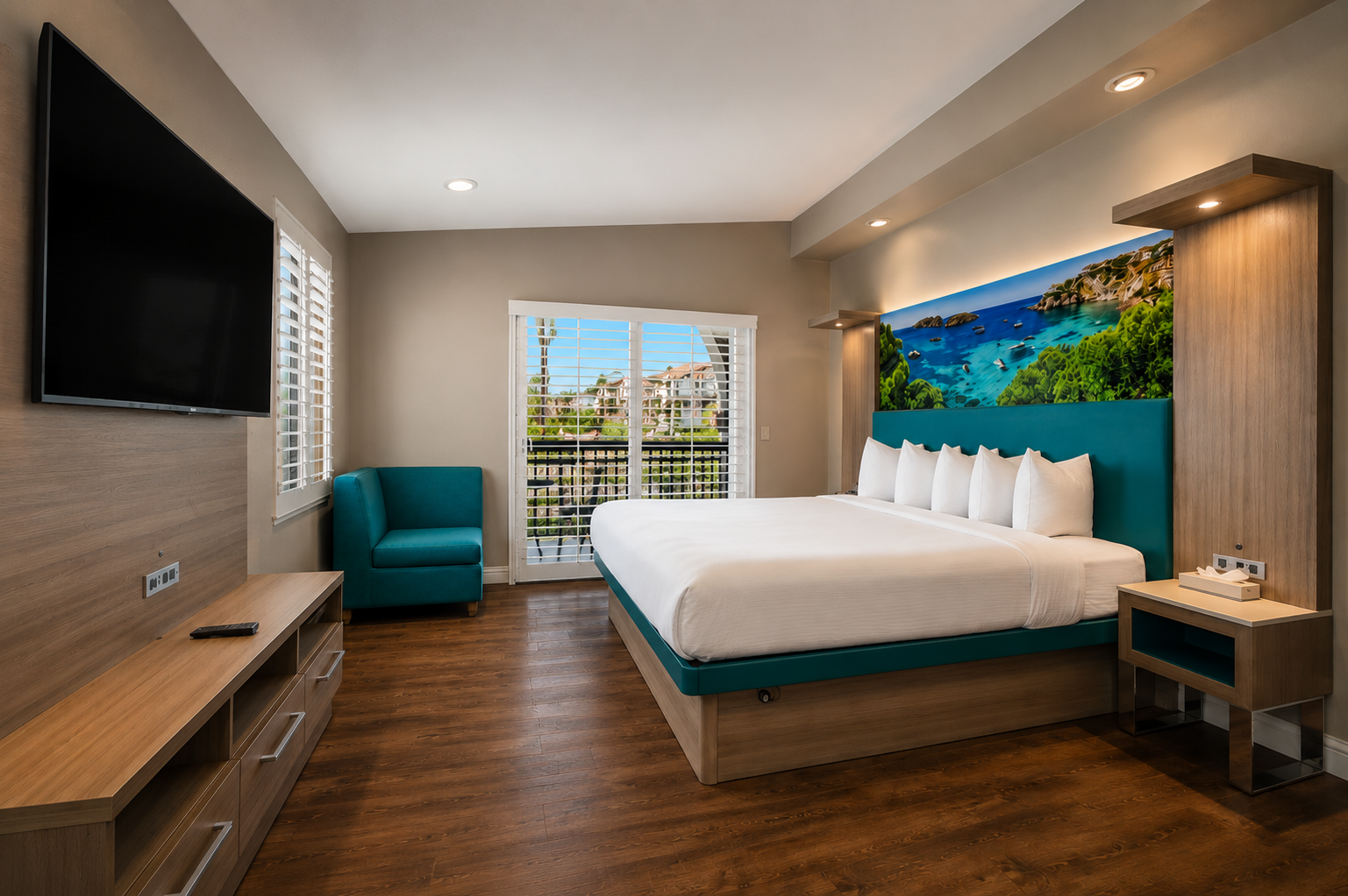 Deluxe King Jacuzzi room with wall-mounted TV, teal armchair, and balcony view