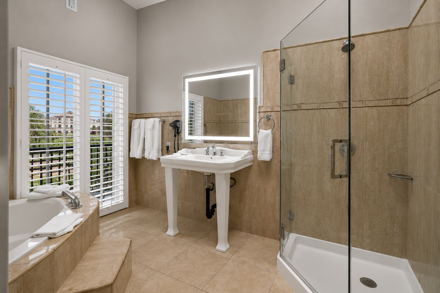 Travertine en-suite bathroom with pedestal sink and glass-enclosed walk-in shower